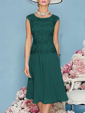 ダークグリーンマザードレス ジュエルネック 七分袖 ティー丈 Aライン ゲストドレス 結婚式用