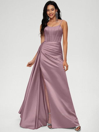 ピンクブライズメイドドレス ボールガウン フロアレングス ジッパー 伸縮性 織り サテン ウェディング パーティードレス