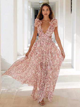 流れるようなフラワードレス プランジ ハイスリット バックレス マキシ ボヘミアン ドレス