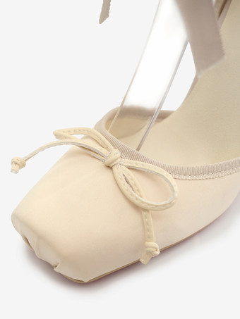 サテンハイヒール スクエアトゥ ボウ レースアップ バレエパンプス レディース 2025