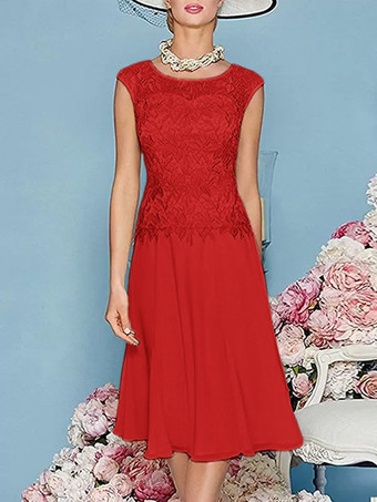 レッド マザードレス ジュエルネック 七分袖 ティー丈 Aライン ゲストドレス 結婚式用