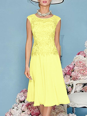 スイセン色マザードレス ジュエルネック 七分袖 ティー丈 Aライン ゲストドレス 結婚式用