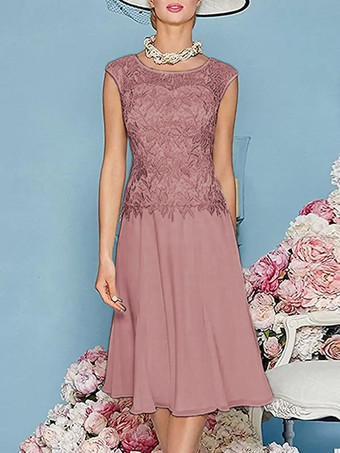 サーモンピンクマザードレス ジュエルネック 七分袖 ティー丈 Aライン ゲストドレス 結婚式用