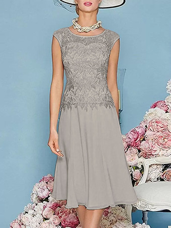 ライトグレーマザードレス ジュエルネック 七分袖 ティー丈 Aライン ゲストドレス 結婚式用