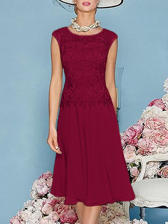 バーガンディーマザードレス ジュエルネック 七分袖 ティー丈 Aライン ゲストドレス 結婚式用