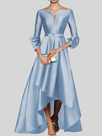 ベビーブルーイブニングドレス Aライン Vネック 七分袖 ジッパー プリーツ サテン生地 社交ページェントドレス
