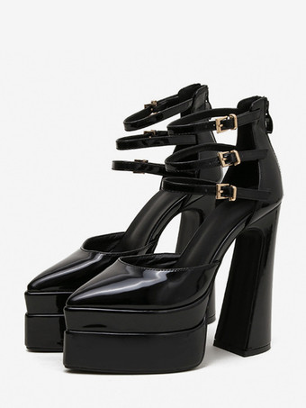 noir Escarpins à plateforme pour femmes Rouge Bout pointu Fermeture à boucle Bride à la cheville Talons hauts bloc