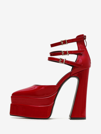 Escarpins à plateforme pour femmes Rouge Bout pointu Fermeture à boucle Bride à la cheville Talons hauts bloc