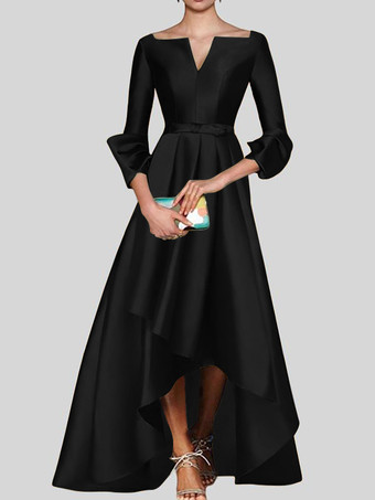ブラックイブニングドレス Aライン Vネック 七分袖 ジッパー プリーツ サテン生地 社交ページェントドレス