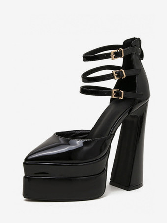 Escarpins à plateforme pour femmes Rouge Bout pointu Fermeture à boucle Bride à la cheville Talons hauts bloc