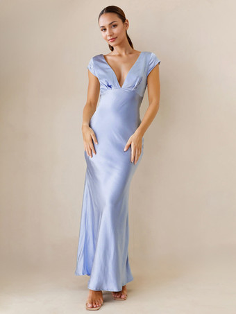 ライトスカイブルーマキシ パーティードレス Vネック オープンバック マーメイド ボディコン ロングドレス レディース 2025