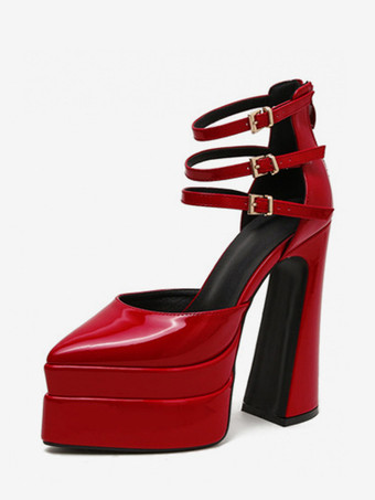 Escarpins à plateforme pour femmes Rouge Bout pointu Fermeture à boucle Bride à la cheville Talons hauts bloc