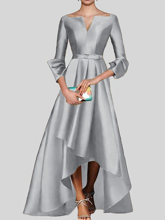 シルバーイブニングドレス Aライン Vネック 七分袖 ジッパー プリーツ サテン生地 社交ページェントドレス