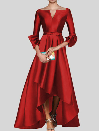 レッド イブニングドレス Aライン Vネック 七分袖 ジッパー プリーツ サテン生地 社交ページェントドレス