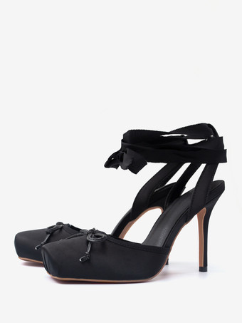 サテンハイヒール スクエアトゥ ボウ レースアップ バレエパンプス レディース 2025