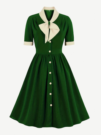 グリーン ヴィンテージドレス　1950年代オードリー・ヘップバーン風　グリーン　ツートン　半袖　二次会　お呼ばれ　発表会　ロカビリーワンピース