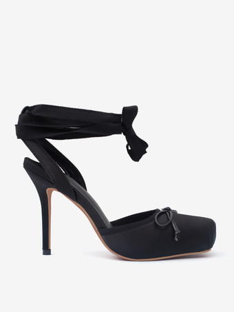 サテンハイヒール スクエアトゥ ボウ レースアップ バレエパンプス レディース 2025