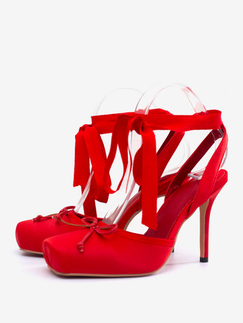 サテンハイヒール スクエアトゥ ボウ レースアップ バレエパンプス レディース 2025