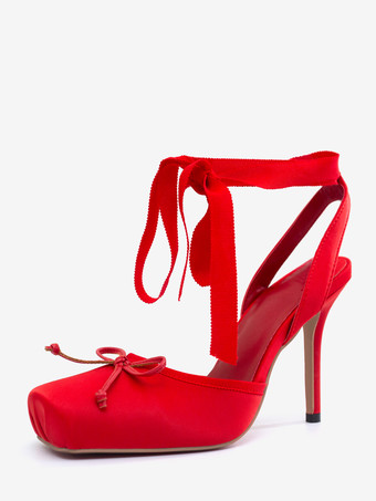 レッド サテンハイヒール スクエアトゥ ボウ レースアップ バレエパンプス レディース 2025