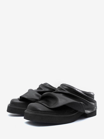 Women's Black Mules Square Toe Ruched Backless Loafers