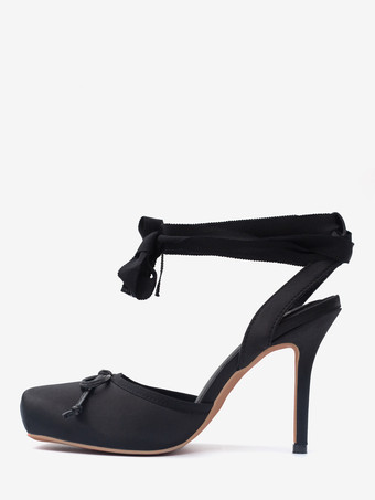 サテンハイヒール スクエアトゥ ボウ レースアップ バレエパンプス レディース 2025