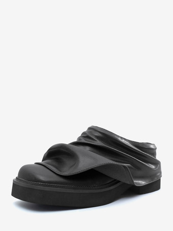 Women's Black Mules Square Toe Ruched Backless Loafers