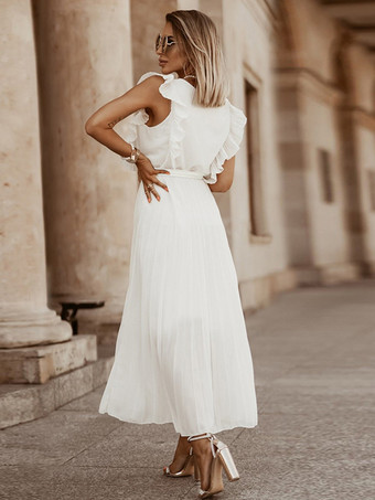 マキシドレス パープル Vネック ノースリーブ レースアップ カジュアル フロア丈ドレス