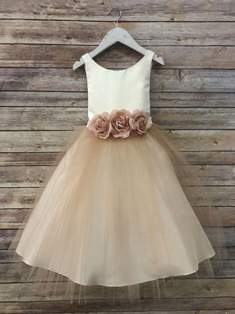 シャンパンフラワーガールドレスサテンジュエルネックノースリーブフラワーアンクル丈サッシュキッズパーティードレス