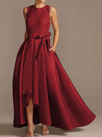 バーガンディーブライダルマザードレス ジュエルネック ノースリーブ Aライン レース ティーレングス ウェディングゲストドレス 無料カスタマイズ