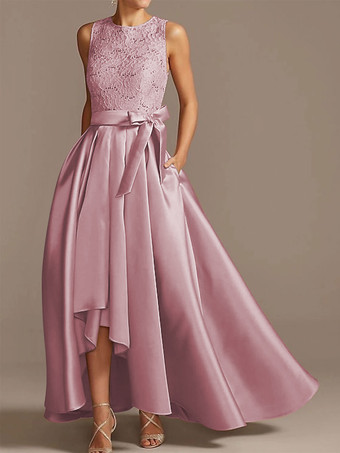 サーモンピンクブライダルマザードレス ジュエルネック ノースリーブ Aライン レース ティーレングス ウェディングゲストドレス 無料カスタマイズ