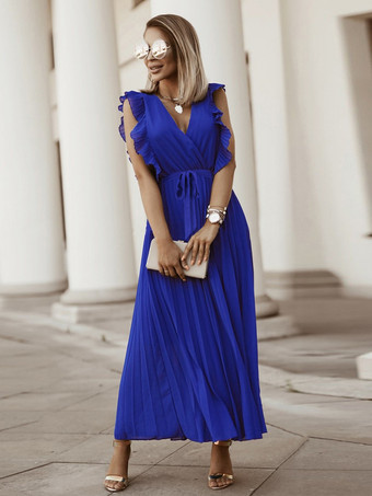 マキシドレス パープル Vネック ノースリーブ レースアップ カジュアル フロア丈ドレス