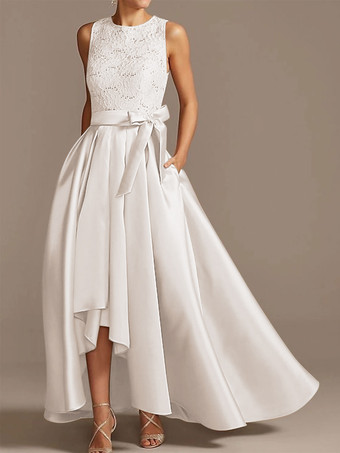 アイボリーブライダルマザードレス ジュエルネック ノースリーブ Aライン レース ティーレングス ウェディングゲストドレス 無料カスタマイズ