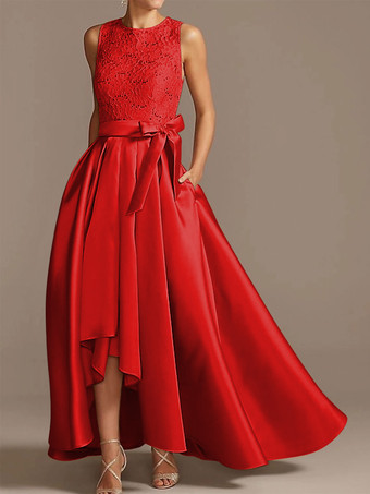 レッド ブライダルマザードレス ジュエルネック ノースリーブ Aライン レース ティーレングス ウェディングゲストドレス 無料カスタマイズ