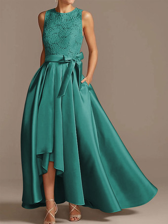 ターコイズグリーンブライダルマザードレス ジュエルネック ノースリーブ Aライン レース ティーレングス ウェディングゲストドレス 無料カスタマイズ