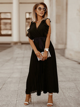 マキシドレス パープル Vネック ノースリーブ レースアップ カジュアル フロア丈ドレス