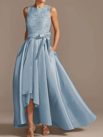 ベビーブルーブライダルマザードレス ジュエルネック ノースリーブ Aライン レース ティーレングス ウェディングゲストドレス 無料カスタマイズ