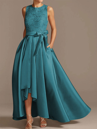 ティールブライダルマザードレス ジュエルネック ノースリーブ Aライン レース ティーレングス ウェディングゲストドレス 無料カスタマイズ