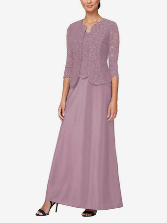 サーモンピンクブライダルマザードレス ジュエルネック 3/4丈スリーブ マーメイドレース ゲストドレス 結婚式用