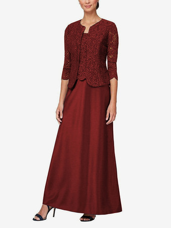 バーガンディーブライダルマザードレス ジュエルネック 3/4丈スリーブ マーメイドレース ゲストドレス 結婚式用