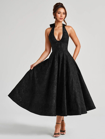 ソフトピンクの花柄ミディドレス ホルターネック 夏 Aライン ヴィンテージドレス レディース 2025