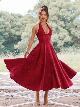 レッド ソフトピンクの花柄ミディドレス ホルターネック 夏 Aライン ヴィンテージドレス レディース 2025