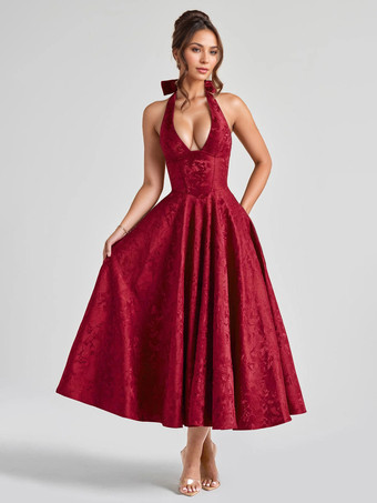 ソフトピンクの花柄ミディドレス ホルターネック 夏 Aライン ヴィンテージドレス レディース 2025