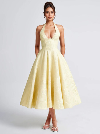 ソフトピンクの花柄ミディドレス ホルターネック 夏 Aライン ヴィンテージドレス レディース 2025