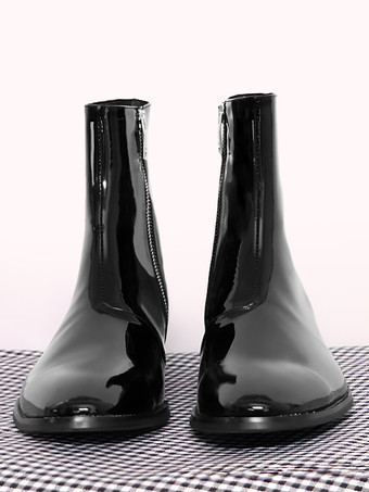 メンズブーツ ブラック パテント ポインテッドトゥ ローヒール プロムブーツ ジッパー レザーシューズ