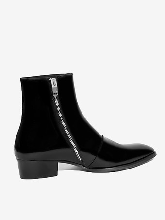 メンズブーツ ブラック パテント ポインテッドトゥ ローヒール プロムブーツ ジッパー レザーシューズ