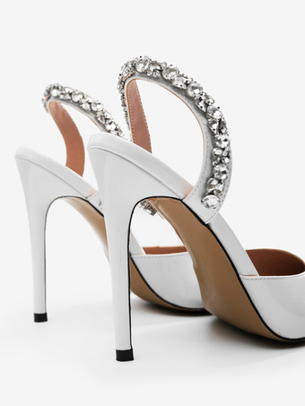 ブラックハイヒール、ポインテッドトゥ、ラインストーン、スリングバック、パーティーパンプス