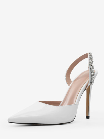 ブラックハイヒール、ポインテッドトゥ、ラインストーン、スリングバック、パーティーパンプス