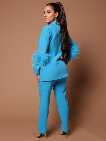 パンツ セット ラペル ディープ V ネック フェザー セクシーな女性のスーツ