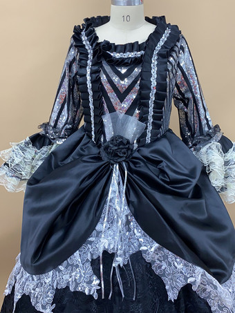 ブラック レトロ コスチューム レディース 花柄 マリー アントワネット コスチューム フリル レース ポリエステル セット ドレス 帽子 レトロ 18世紀 コスチューム バーガンディ