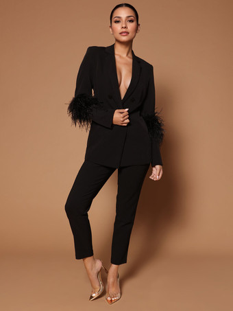 ブラック パンツ セット ラペル ディープ V ネック フェザー セクシーな女性のスーツ